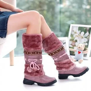 Faux Fur Ball Decorate Flat Half Snow Boots