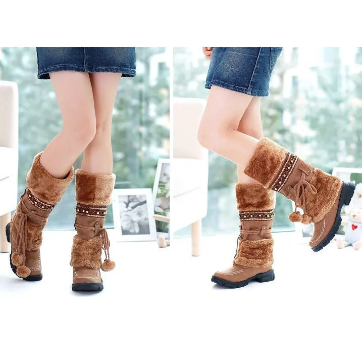Faux Fur Ball Decorate Flat Half Snow Boots