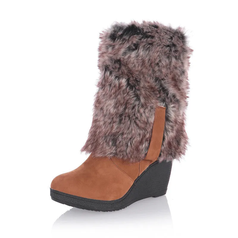 Faux Rabbit Hair Wedge Foldable Thickening Snow Boots