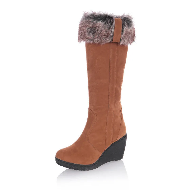 Faux Rabbit Hair Wedge Foldable Thickening Snow Boots