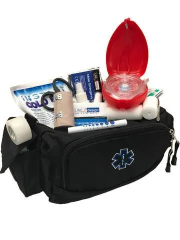 LINE2design Deluxe Emergency First Aid Fanny Pack Star of Life Logo EMT Paramedic Nylon Bag Fully Stacked with First Aid Supplies - Black