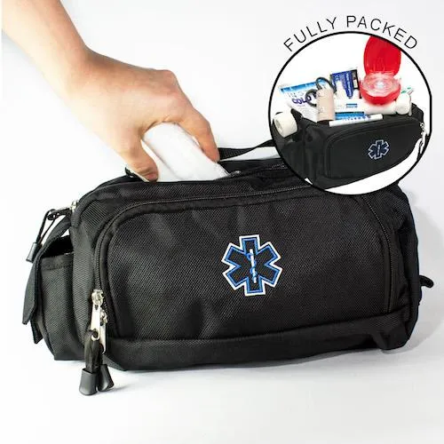 LINE2design Deluxe Emergency First Aid Fanny Pack Star of Life Logo EMT Paramedic Nylon Bag Fully Stacked with First Aid Supplies - Black