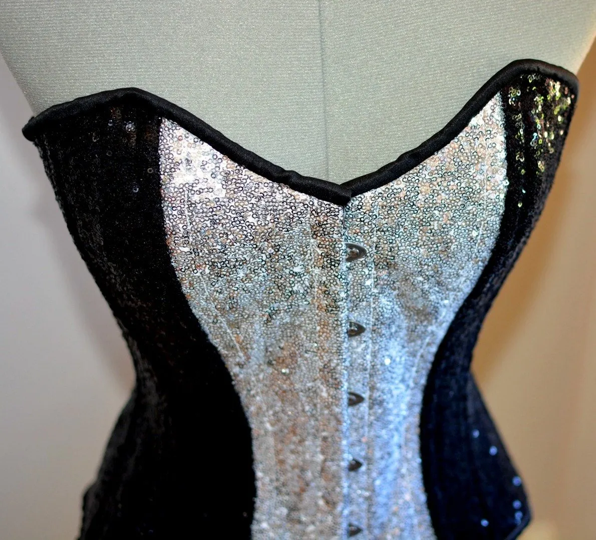 Shiny sequins overbust authentic corset with long hip-line. Steel-boned for tight lacing. Prom, shiny burlesque, cosplay, couture corset