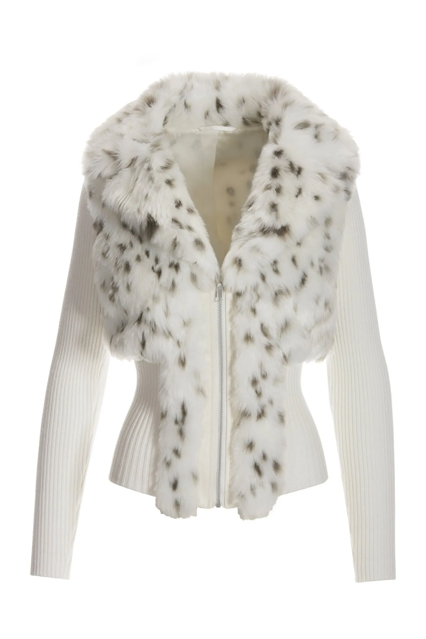 Snow Leopard Faux Fur Cardigan Sweater Off White Multi