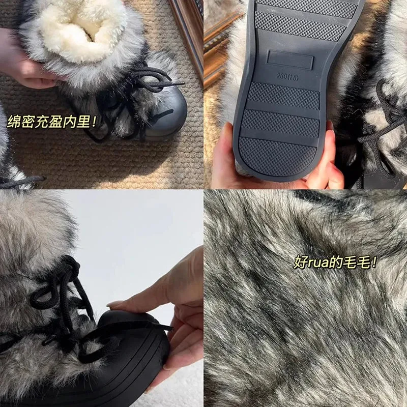 Sohiwoo Winter Snow Boots For Women Fashion Big Head Fluffy Fur Girl's boots Harajuku Thick bottom comfort Lace up Fuzzy Y2K Shoes