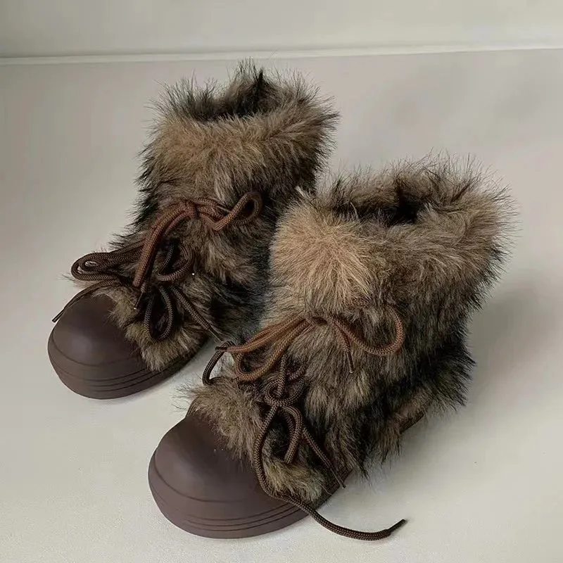 Sohiwoo Winter Snow Boots For Women Fashion Big Head Fluffy Fur Girl's boots Harajuku Thick bottom comfort Lace up Fuzzy Y2K Shoes