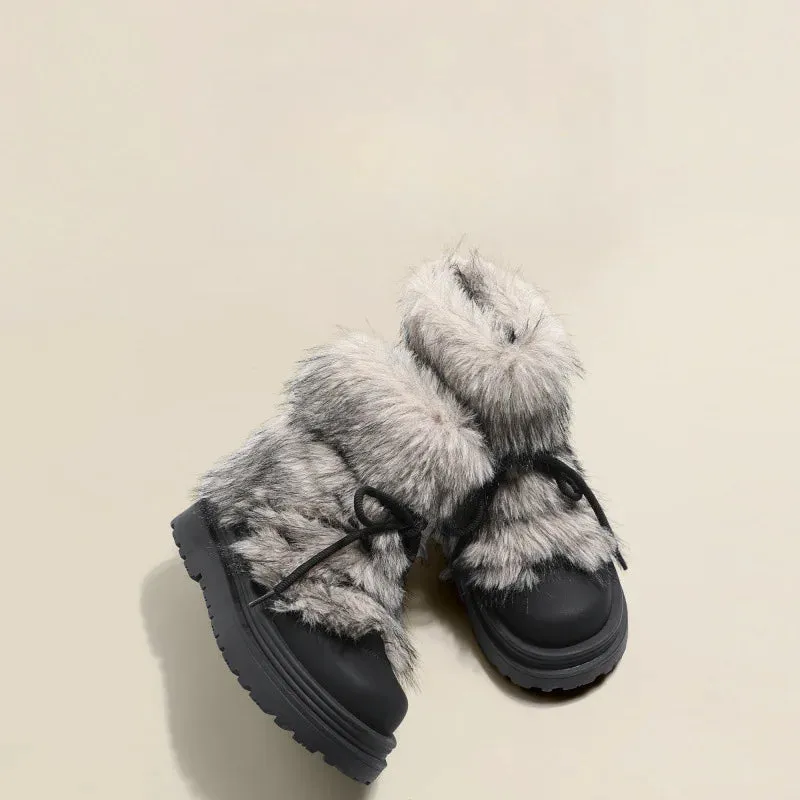 Sohiwoo Winter Snow Boots For Women Fashion Big Head Fluffy Fur Girl's boots Harajuku Thick bottom comfort Lace up Fuzzy Y2K Shoes