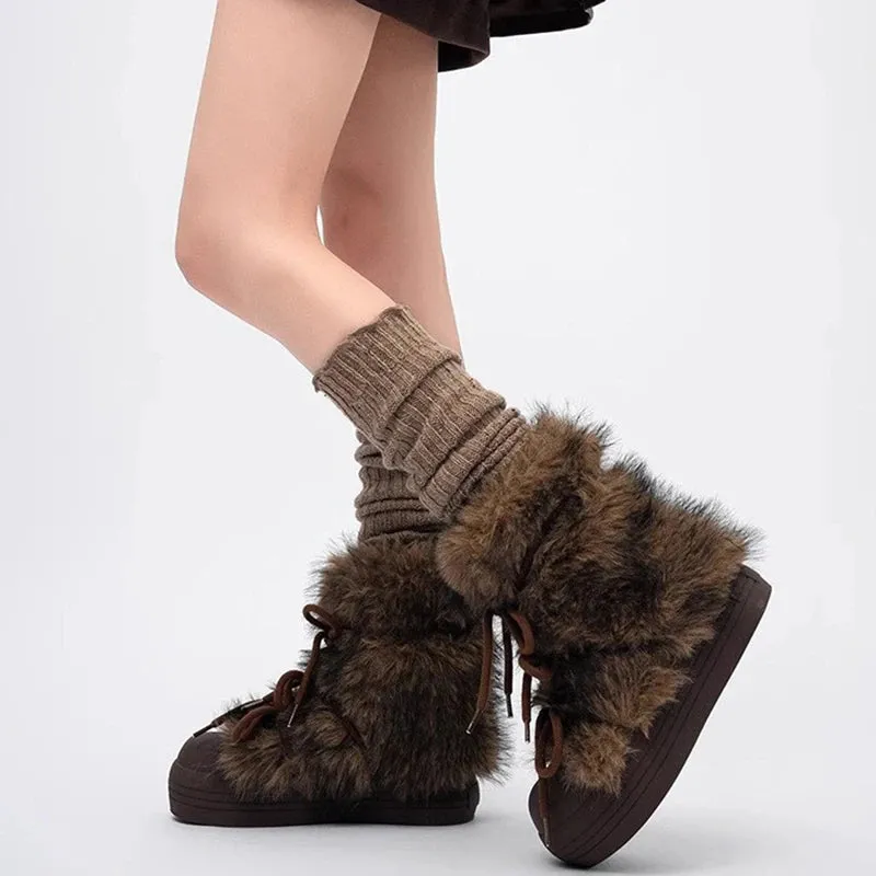 Sohiwoo Winter Snow Boots For Women Fashion Big Head Fluffy Fur Girl's boots Harajuku Thick bottom comfort Lace up Fuzzy Y2K Shoes