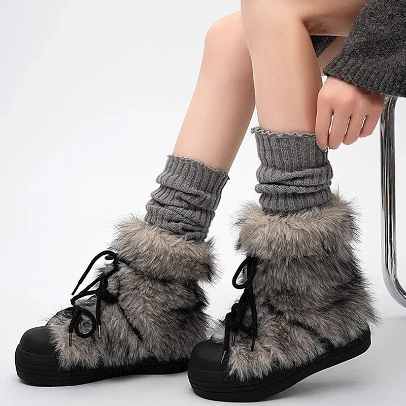 Sohiwoo Winter Snow Boots For Women Fashion Big Head Fluffy Fur Girl's boots Harajuku Thick bottom comfort Lace up Fuzzy Y2K Shoes