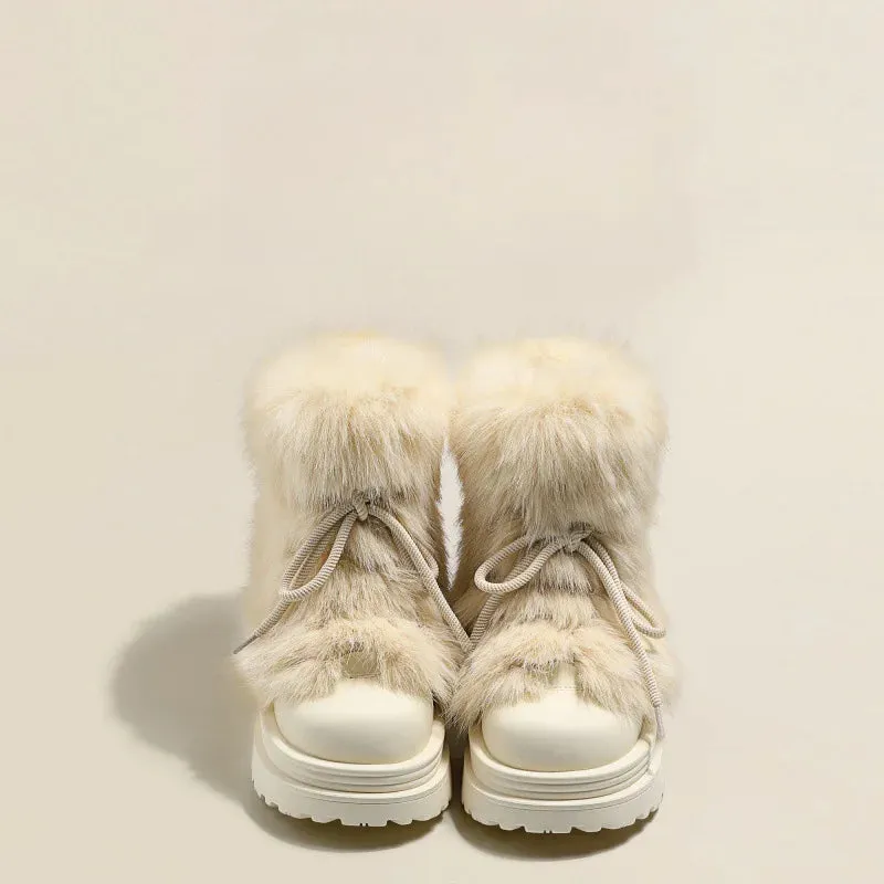 Sohiwoo Winter Snow Boots For Women Fashion Big Head Fluffy Fur Girl's boots Harajuku Thick bottom comfort Lace up Fuzzy Y2K Shoes